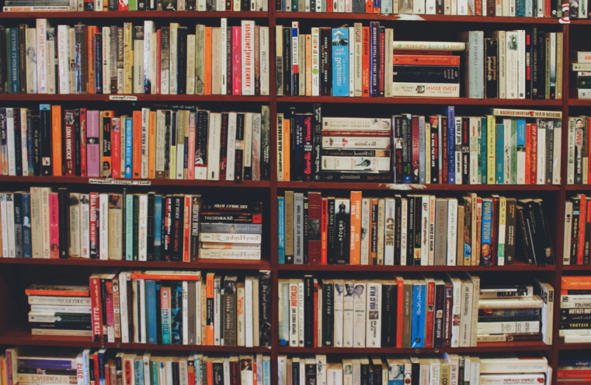 stock photo of books on shelves